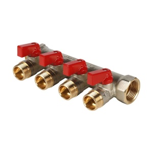 Коллектор с шаровыми кранами 3/4", 4 отвода 1/2" (красные ручки) STOUT