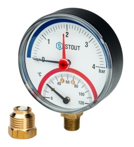 Термоманометр радиальный в комплекте с автоматическим запорным клапаном Dn 80 мм 1/2",0-10 бар STOUT