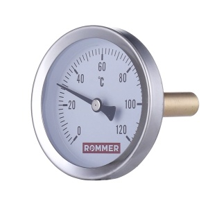 Термометр биметаллический с погружной гильзой Dn 80 мм, гильза 75 мм ½", 0...120°С Rommer