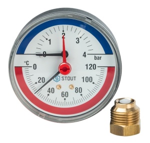 Термоманометр аксиальный в комплекте с автоматическим запорным клапаном Dn 80 мм 1/2", 0-6 бар STOUT